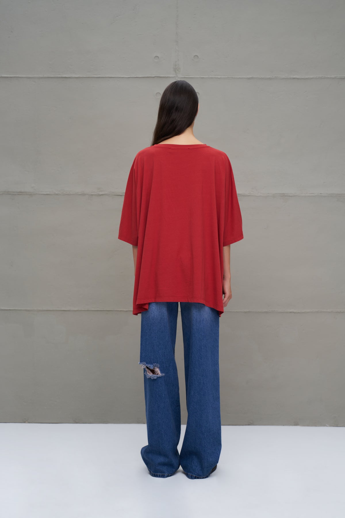 Bordo Baskili Asimetrik Oversize T-Shirt 18282