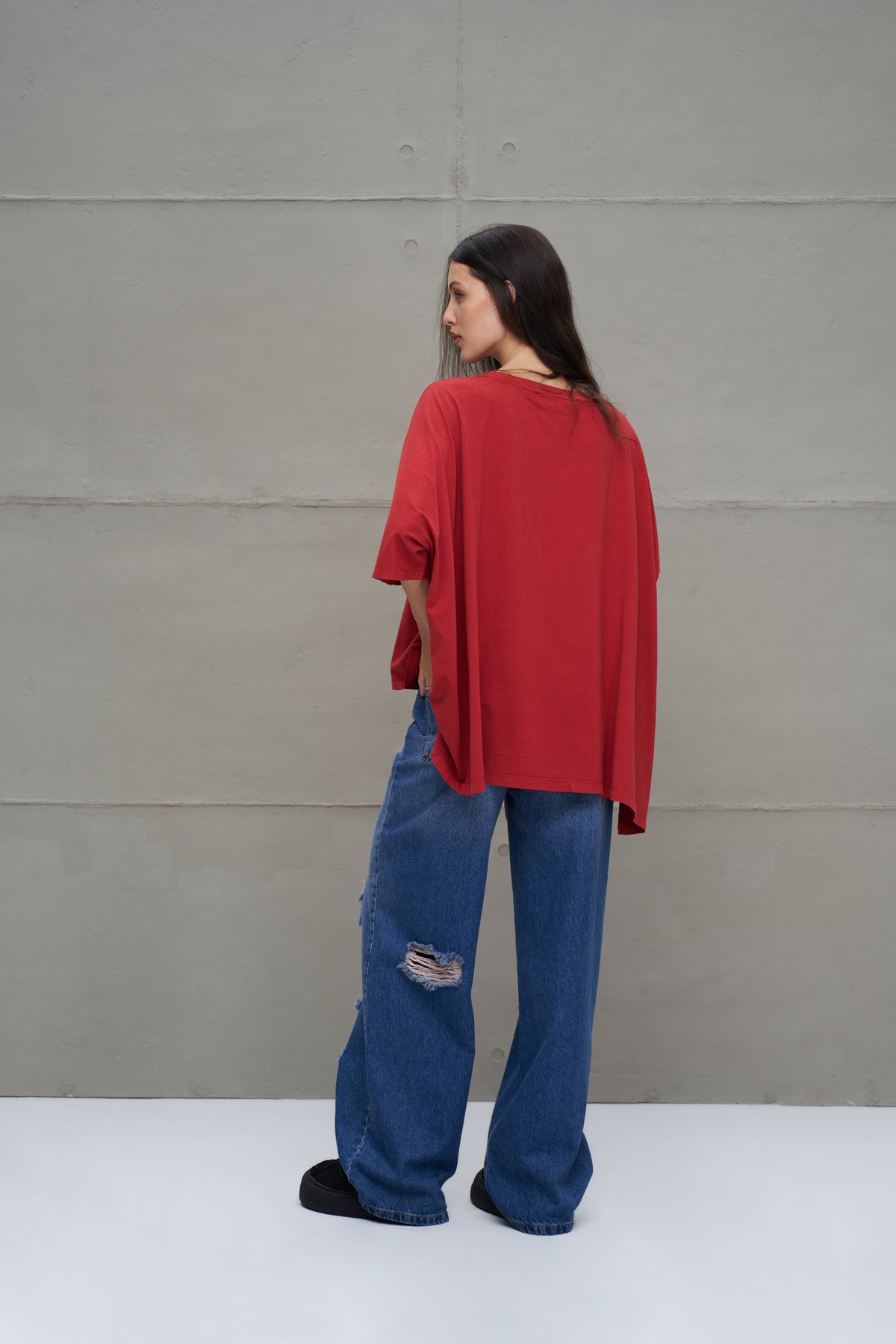 Bordo Baskili Asimetrik Oversize T-Shirt 18282