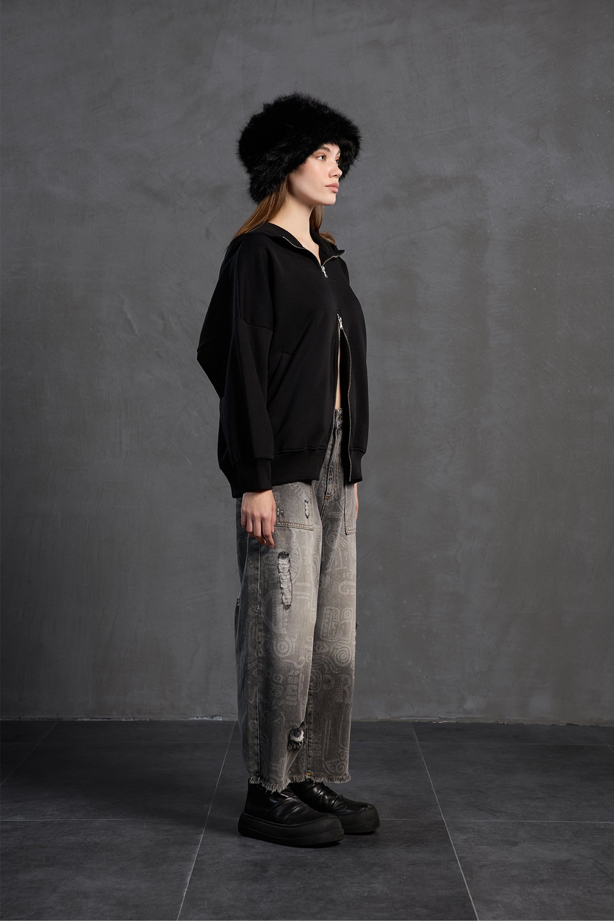 Siyah Fermuarli Kapüsonlu Oversize Sweatshirt 18285