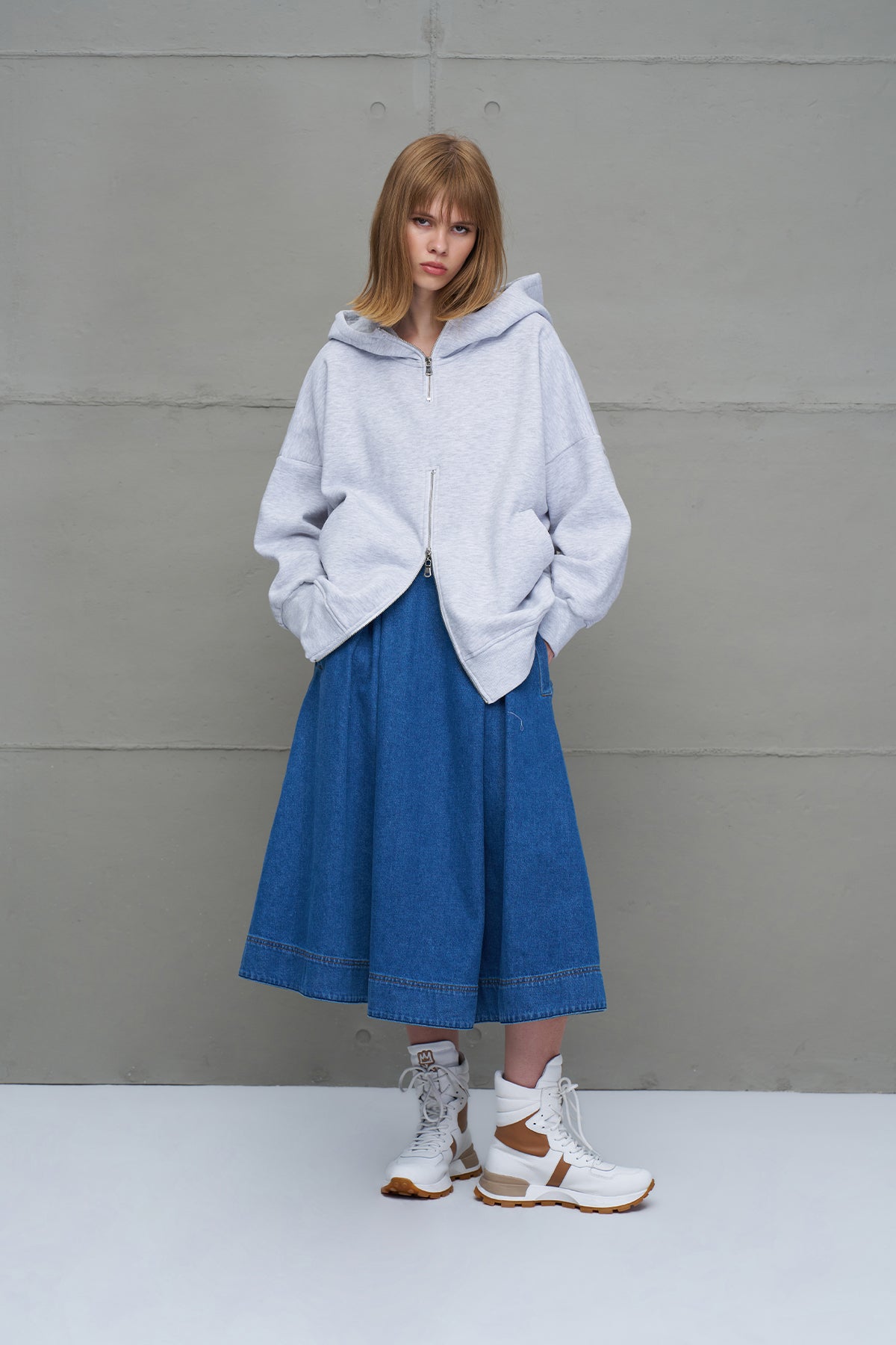 Gri Melanj Fermuarli Kapüsonlu Oversize Sweatshirt 18285