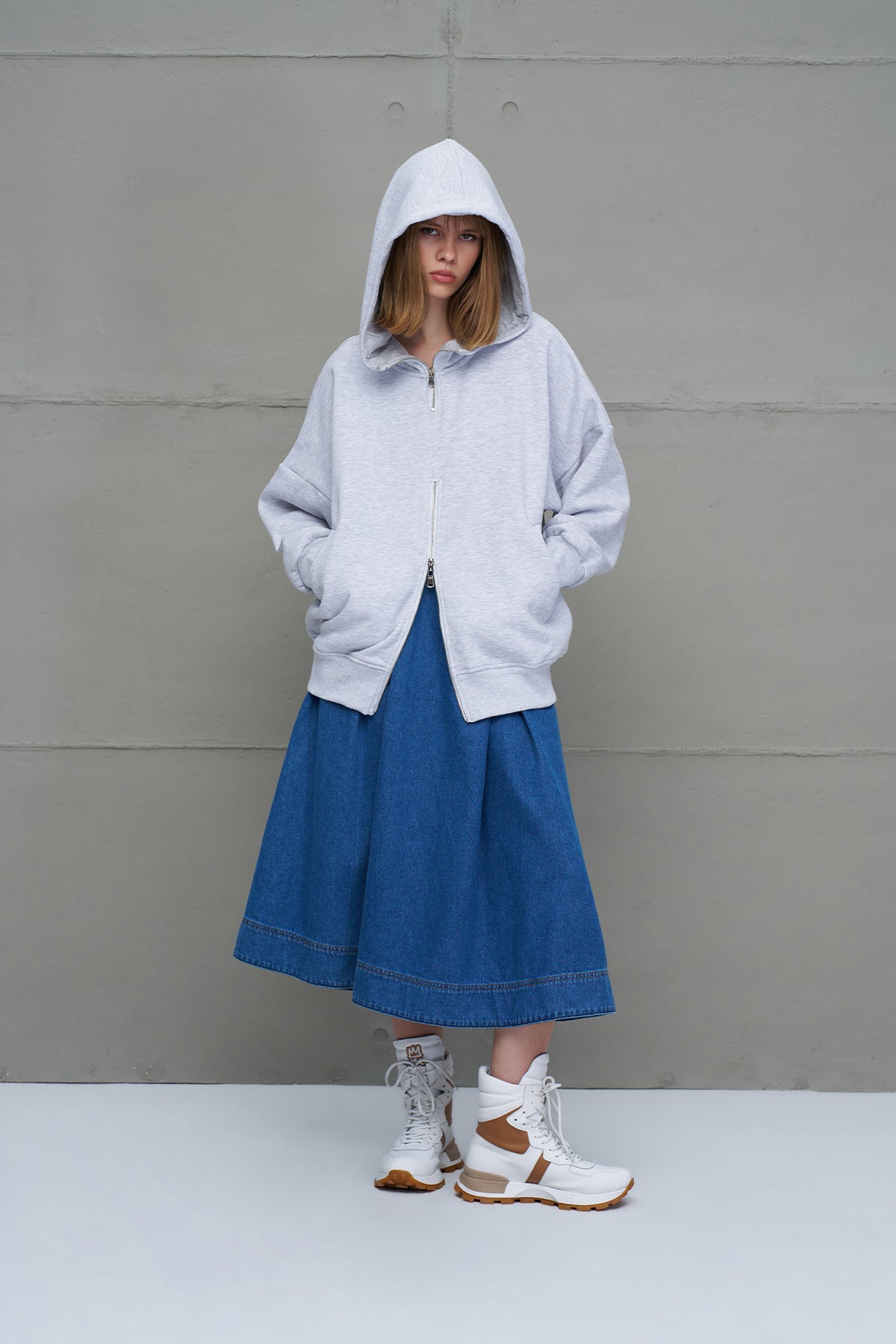 Gri Melanj Fermuarli Kapüsonlu Oversize Sweatshirt 18285