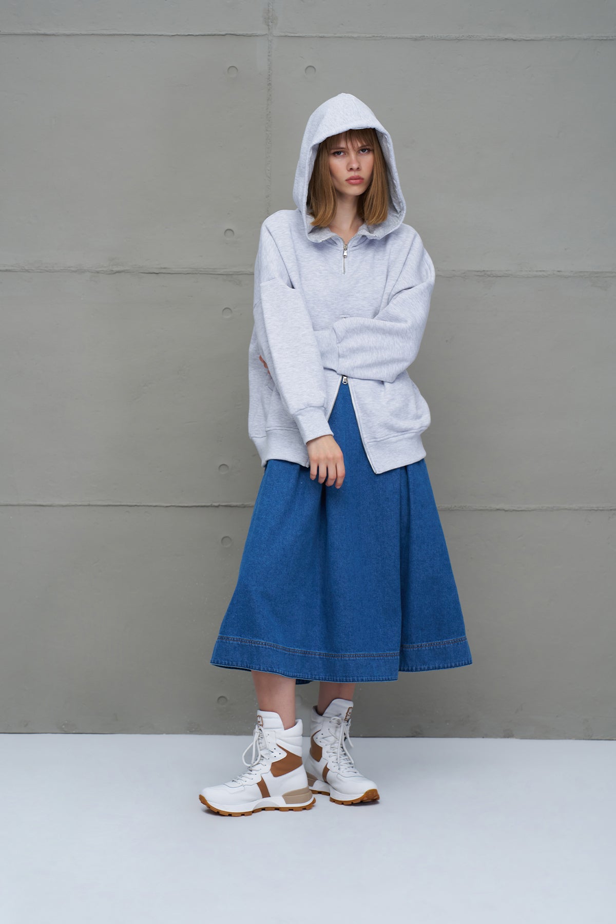 Gri Melanj Fermuarli Kapüsonlu Oversize Sweatshirt 18285