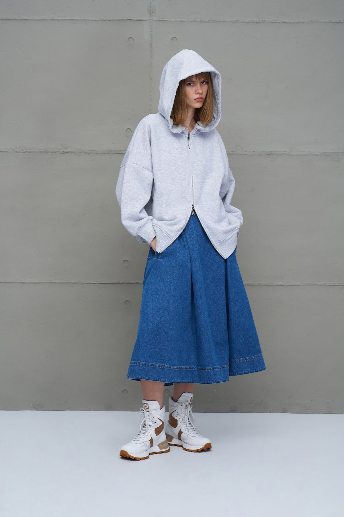 Gri Melanj Fermuarli Kapüsonlu Oversize Sweatshirt 18285