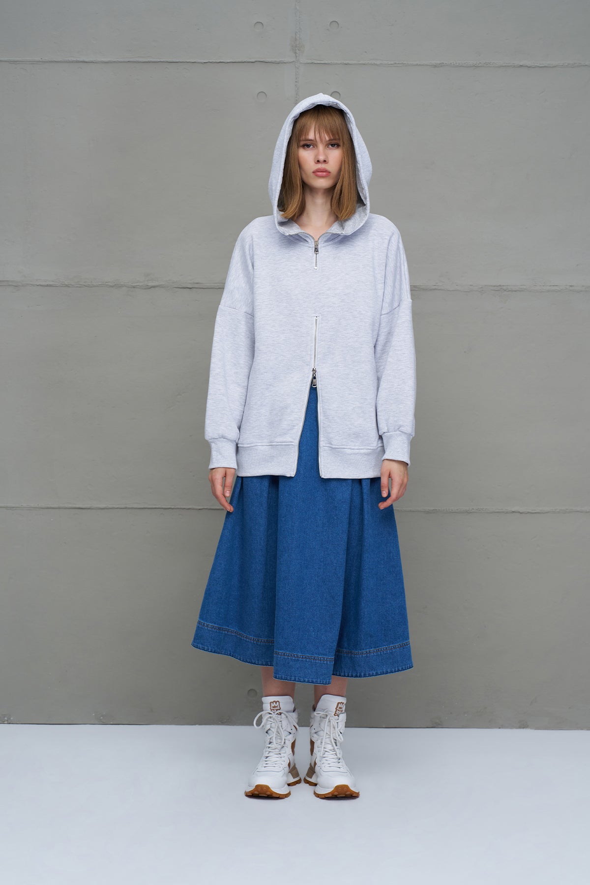 Gri Melanj Fermuarli Kapüsonlu Oversize Sweatshirt 18285