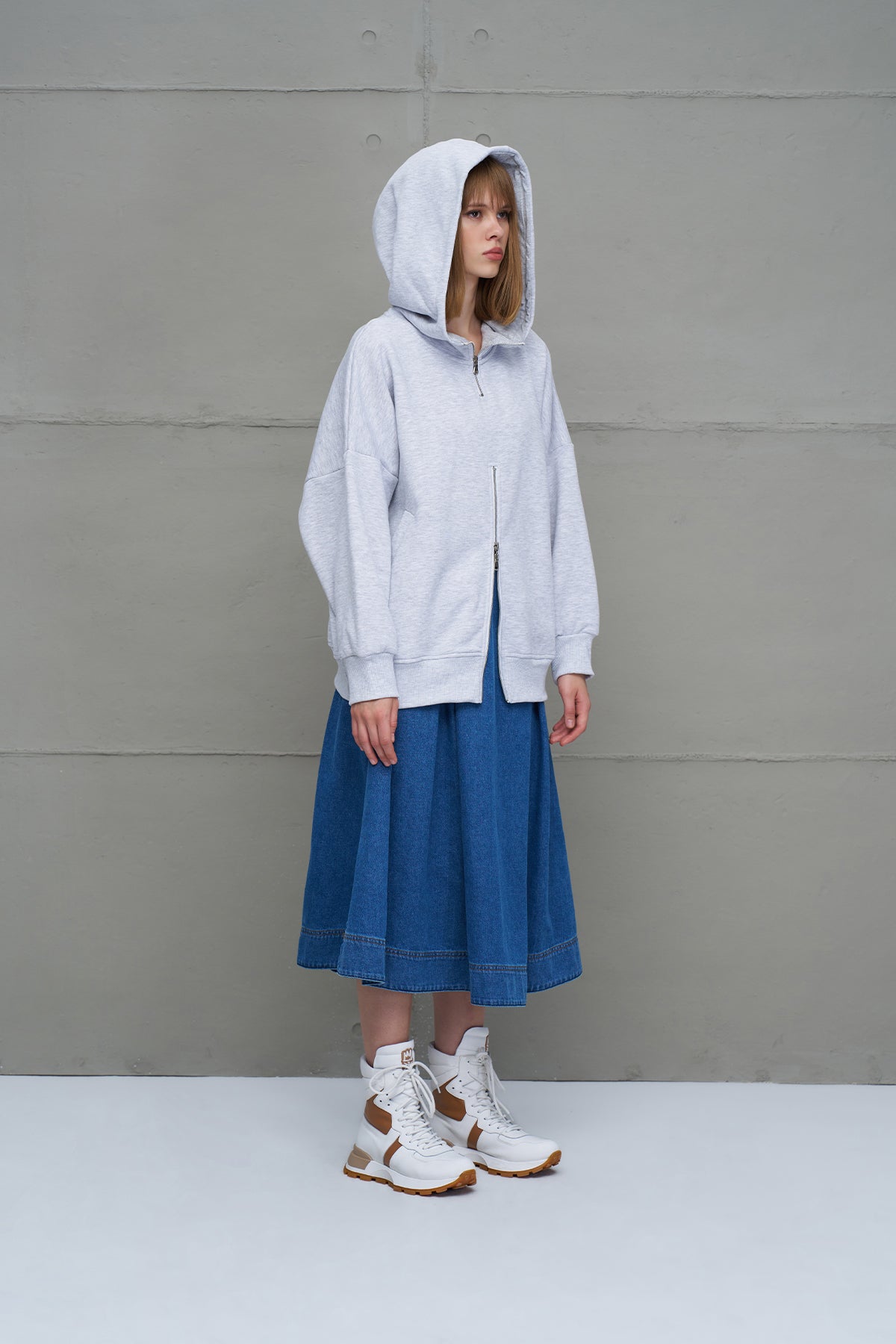 Gri Melanj Fermuarli Kapüsonlu Oversize Sweatshirt 18285