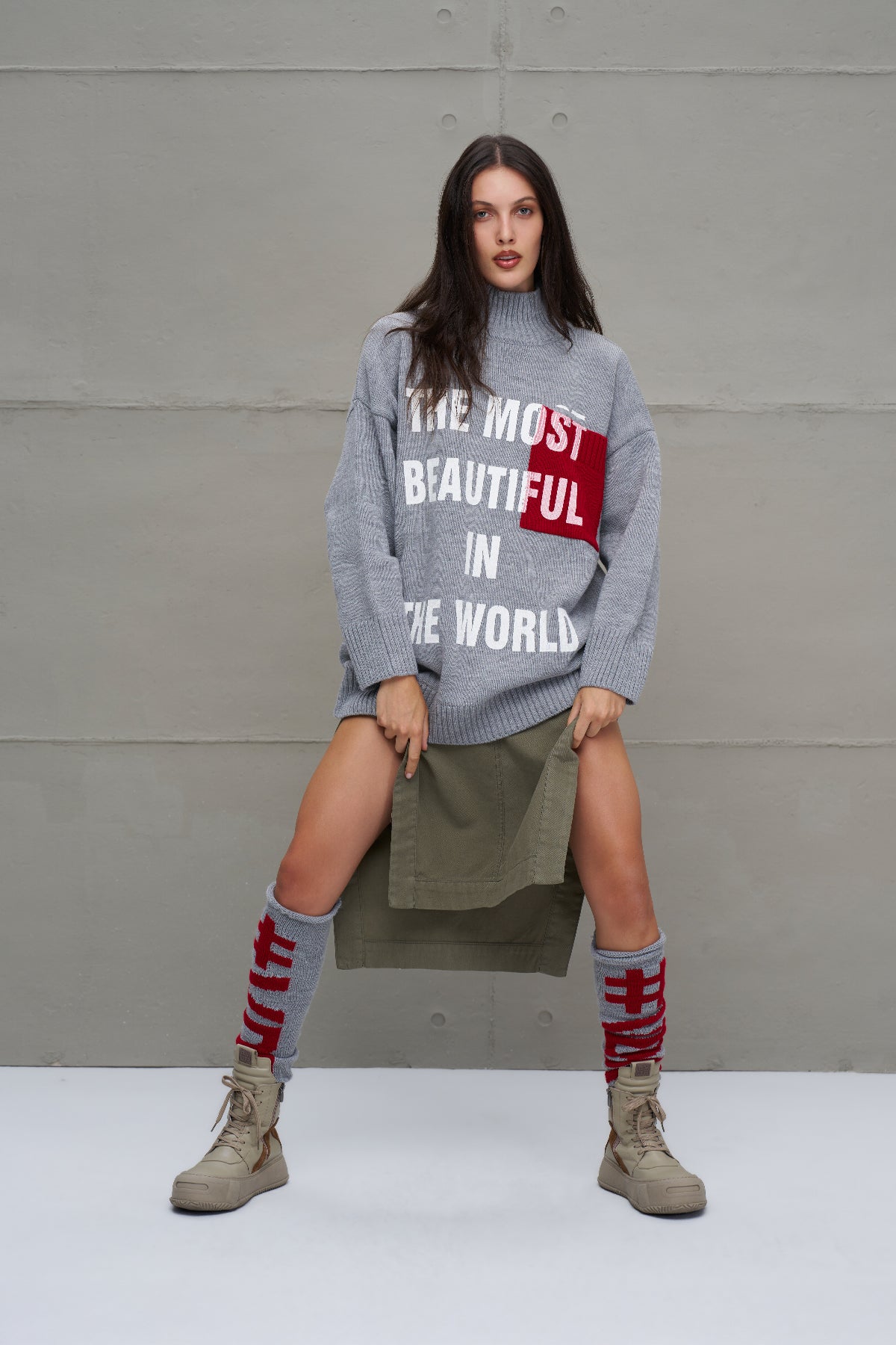 Gri Melanj Kırmızı Logo Detaylı Triko Kolluk 18287